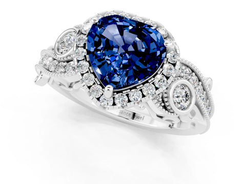 White gold Heart Cut Blue Sapphire Halo Ring with Milgrain Pavé Band and Four-Prong Setting_13