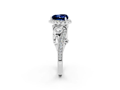 White gold Heart Cut Blue Sapphire Halo Ring with Milgrain Pavé Band and Four-Prong Setting_14