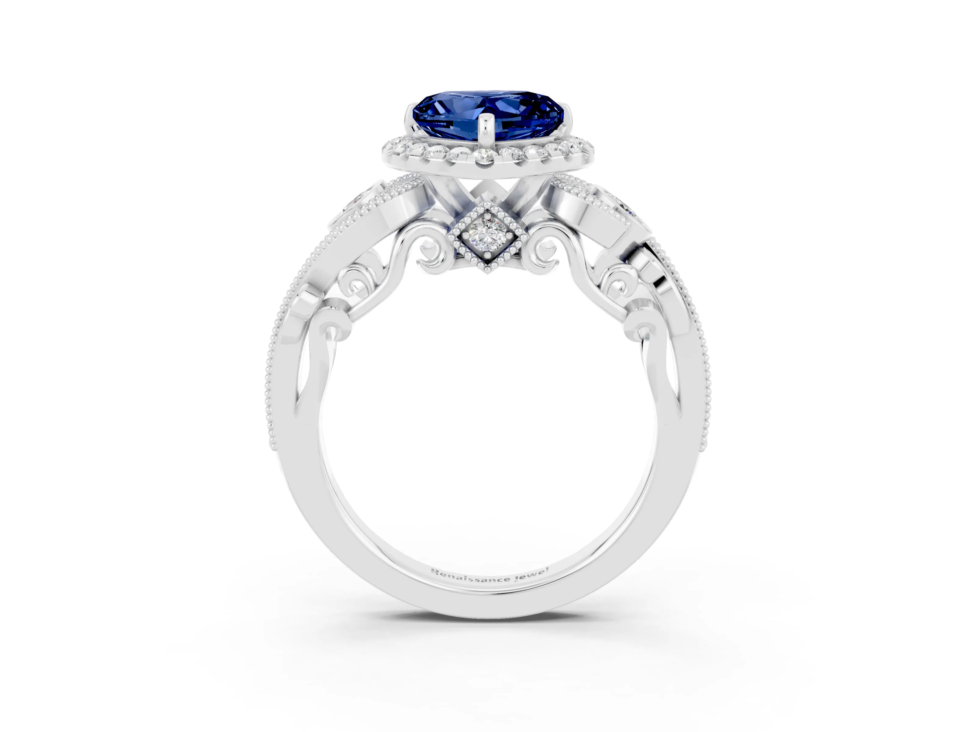 White gold Heart Cut Blue Sapphire Halo Ring with Milgrain Pavé Band and Four-Prong Setting_15