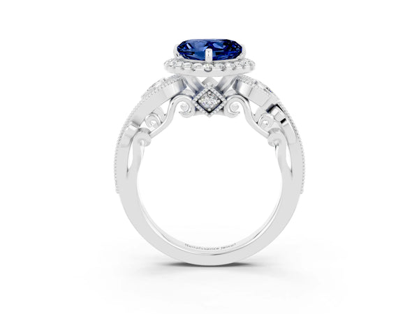 Silver Heart Cut Blue Sapphire Halo Ring with Milgrain Pavé Band and Four-Prong Setting