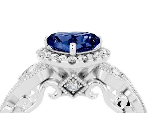 White gold Heart Cut Blue Sapphire Halo Ring with Milgrain Pavé Band and Four-Prong Setting_16