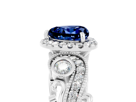 White gold Heart Cut Blue Sapphire Halo Ring with Milgrain Pavé Band and Four-Prong Setting_17
