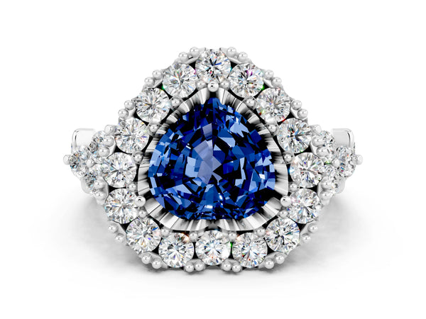Platinum Heart Cut Blue Sapphire Halo Ring with Pavé Band and Four-Prong Setting