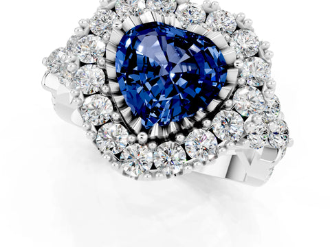 White gold Heart Cut Blue Sapphire Halo Ring with Pavé Band and Four-Prong Setting_13