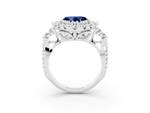 Platinum Heart Cut Blue Sapphire Halo Ring with Pavé Band and Four-Prong Setting