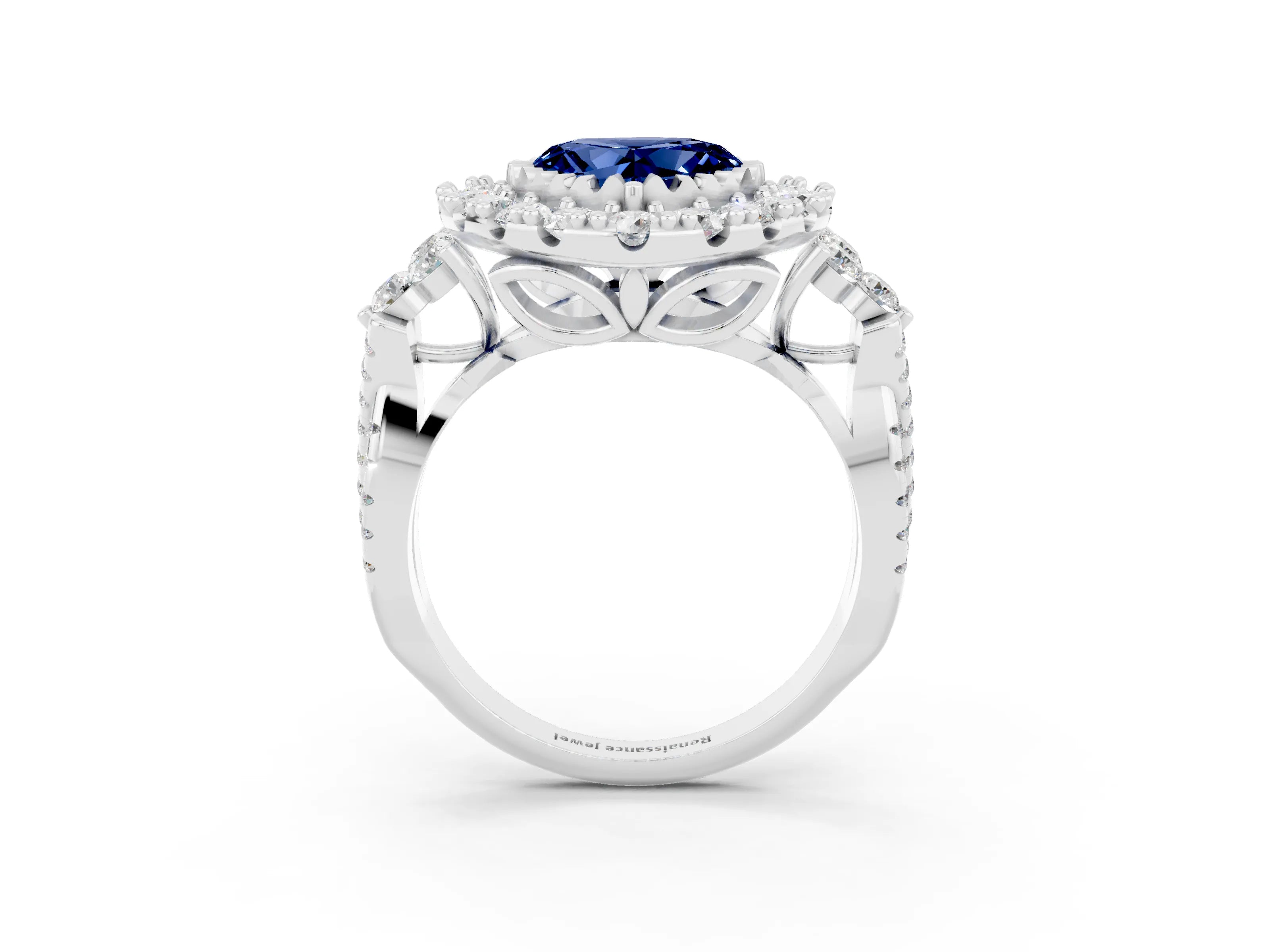 White gold Heart Cut Blue Sapphire Halo Ring with Pavé Band and Four-Prong Setting_15