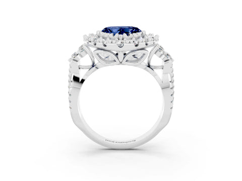 White gold Heart Cut Blue Sapphire Halo Ring with Pavé Band and Four-Prong Setting_15