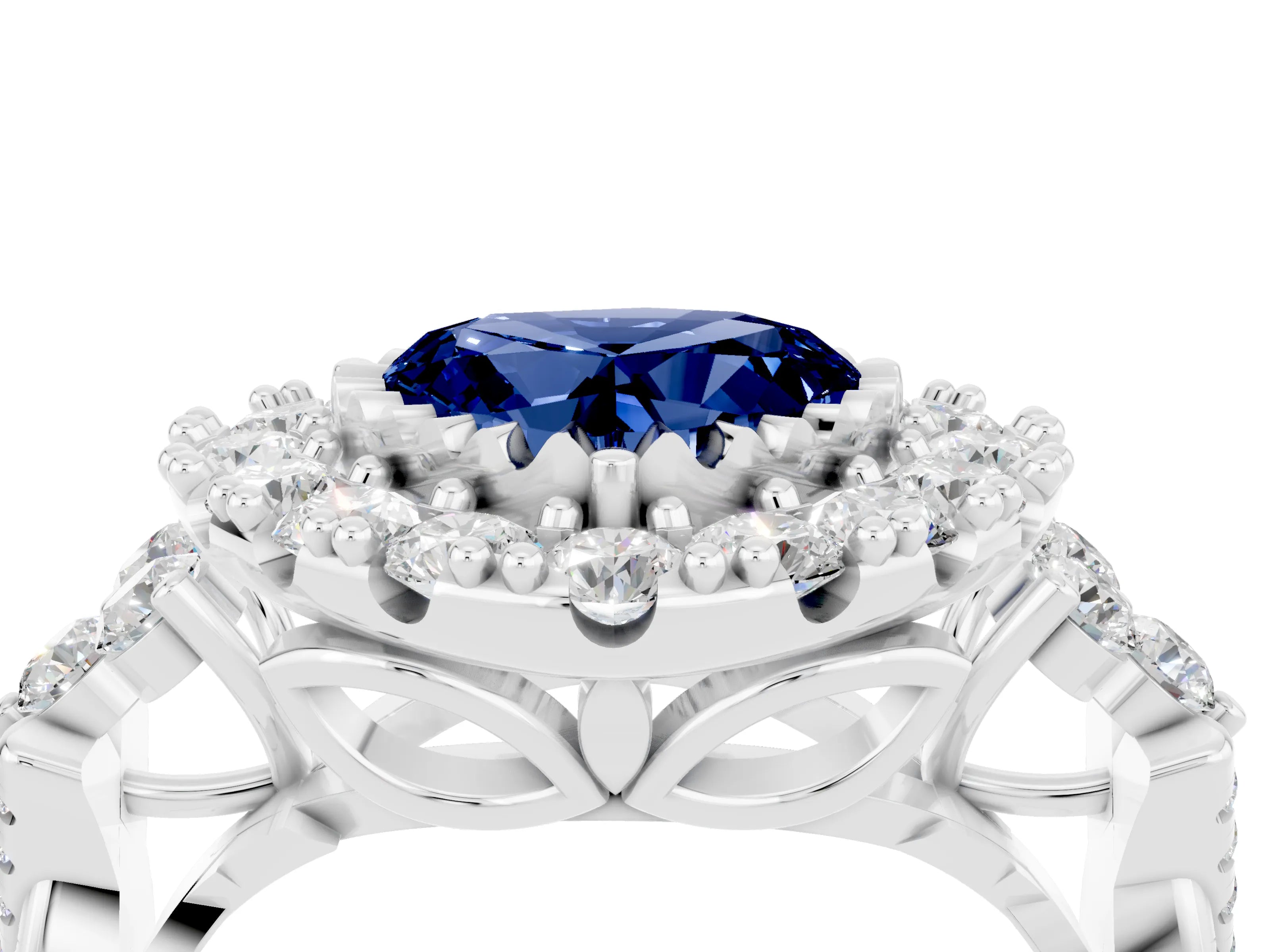 White gold Heart Cut Blue Sapphire Halo Ring with Pavé Band and Four-Prong Setting_16