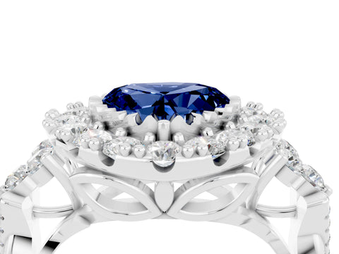 White gold Heart Cut Blue Sapphire Halo Ring with Pavé Band and Four-Prong Setting_16