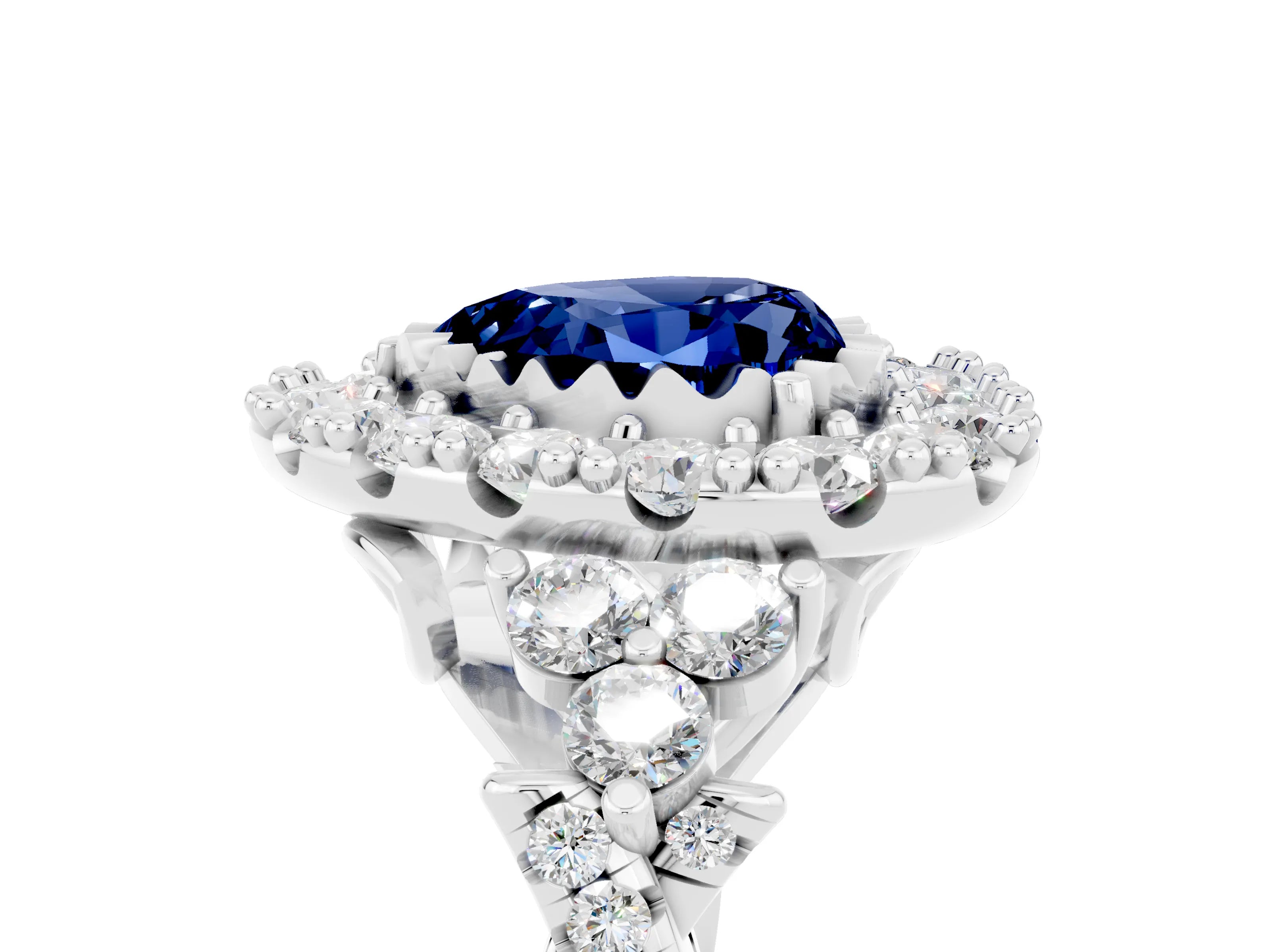 White gold Heart Cut Blue Sapphire Halo Ring with Pavé Band and Four-Prong Setting_17