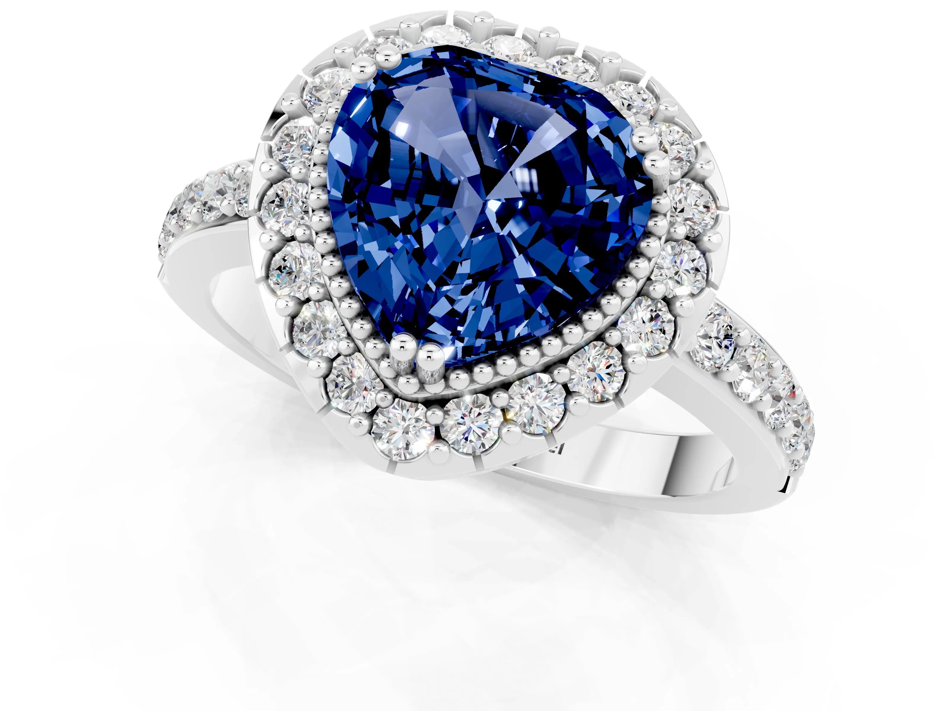 White gold Heart Cut Blue Sapphire Halo Ring with Pavé Band and Prong Setting_1
