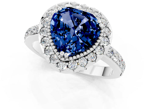 White gold Heart Cut Blue Sapphire Halo Ring with Pavé Band and Prong Setting_1