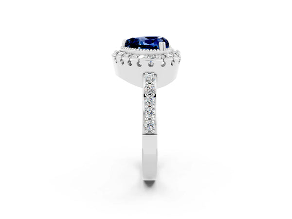 Platinum Heart Cut Blue Sapphire Halo Ring with Pavé Band and Prong Setting