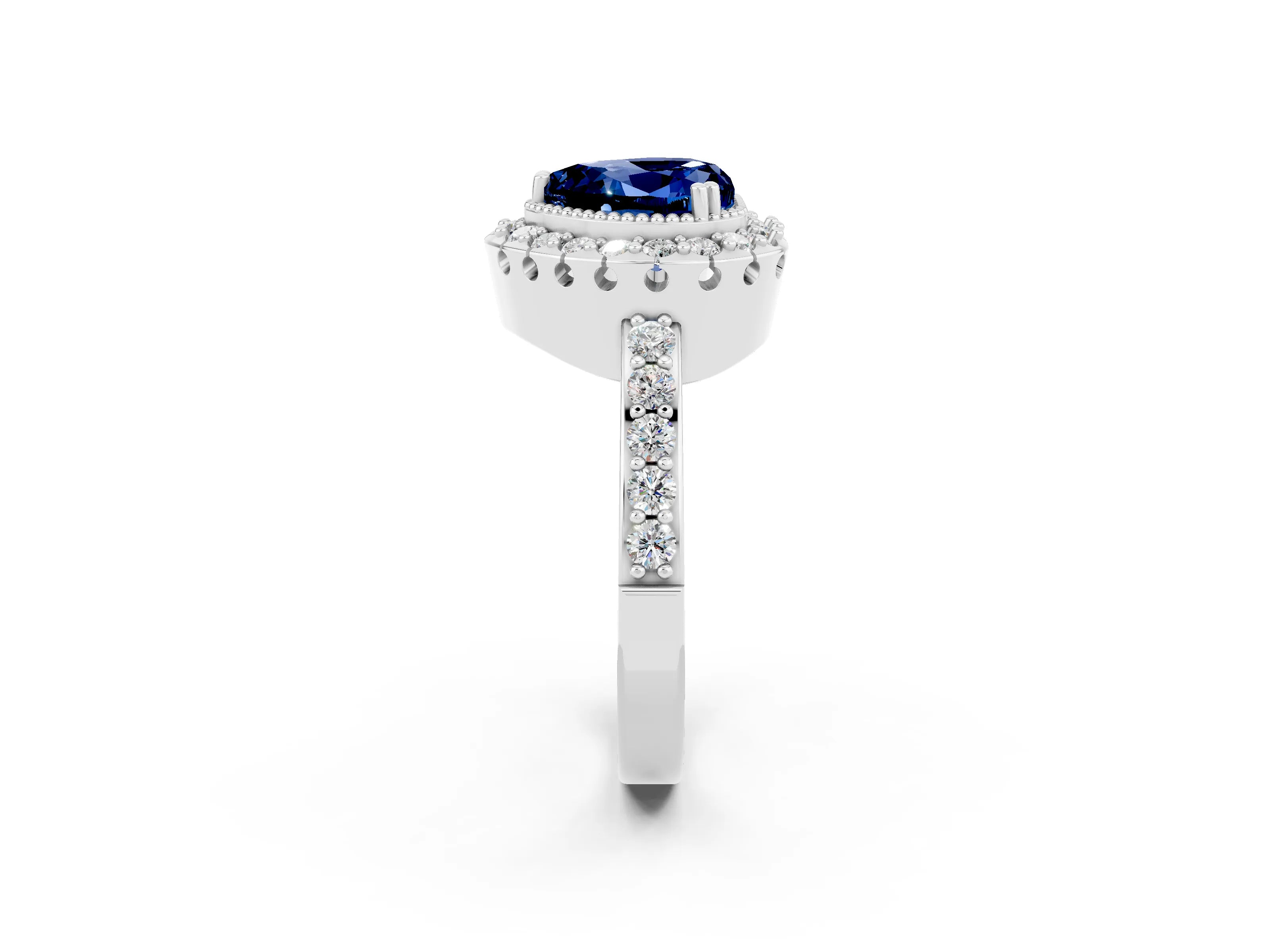 White gold Heart Cut Blue Sapphire Halo Ring with Pavé Band and Prong Setting_2