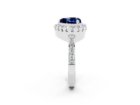 White gold Heart Cut Blue Sapphire Halo Ring with Pavé Band and Prong Setting_2
