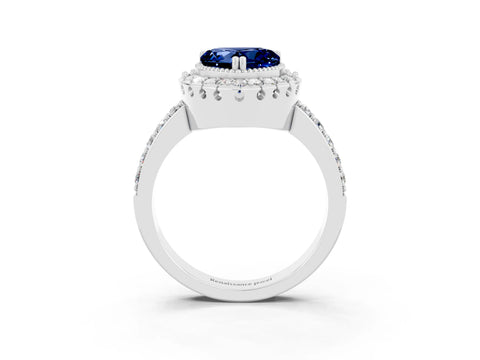 White gold Heart Cut Blue Sapphire Halo Ring with Pavé Band and Prong Setting_3
