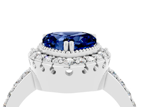 White gold Heart Cut Blue Sapphire Halo Ring with Pavé Band and Prong Setting_4