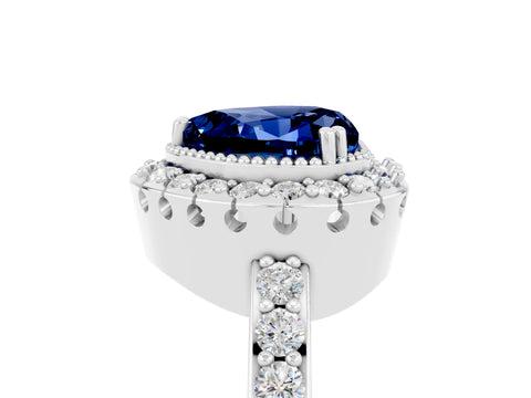 White gold Heart Cut Blue Sapphire Halo Ring with Pavé Band and Prong Setting_5