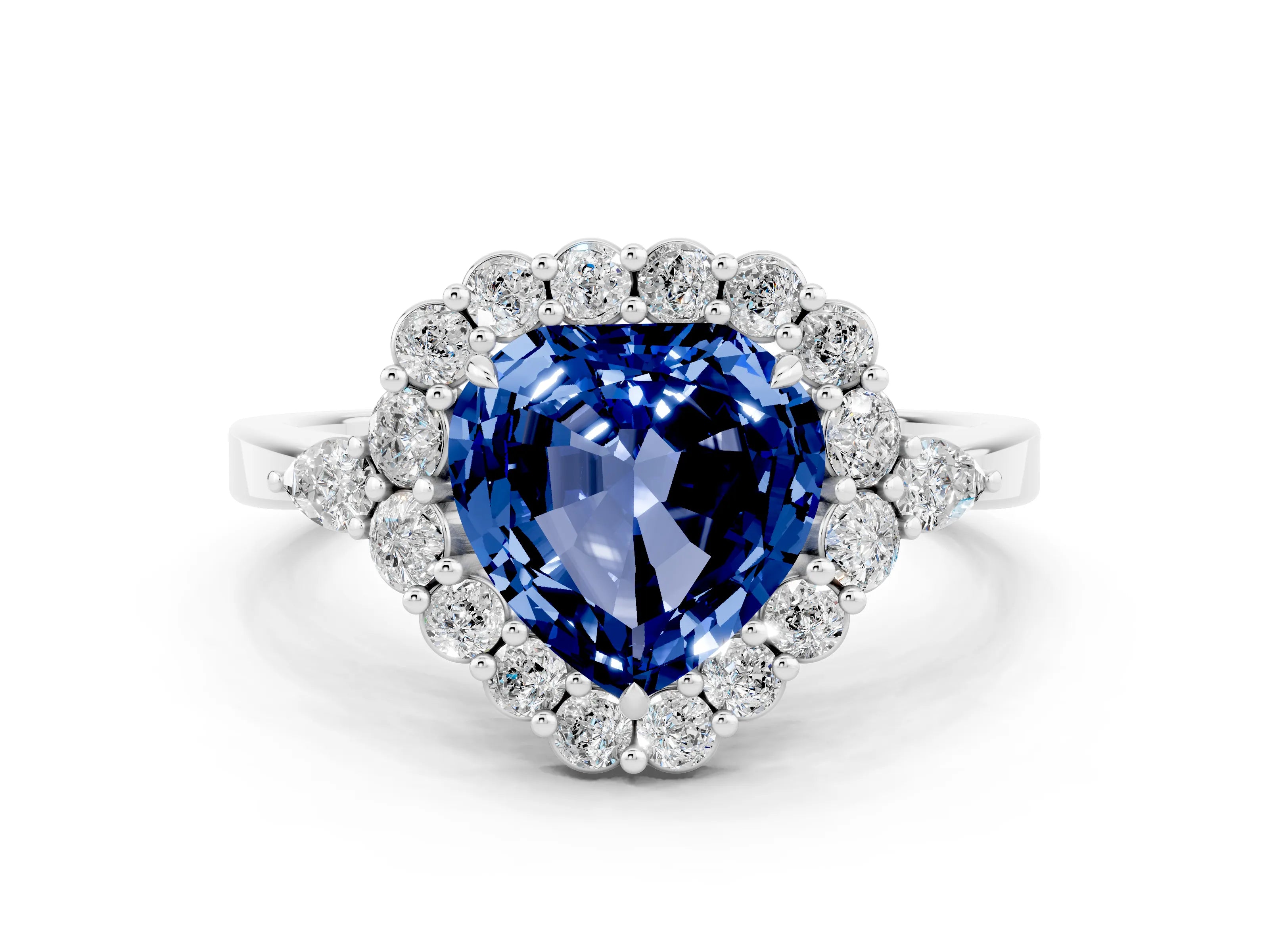 White gold Heart Cut Blue Sapphire Halo Ring with Pear Side Stones and Prong Setting_24