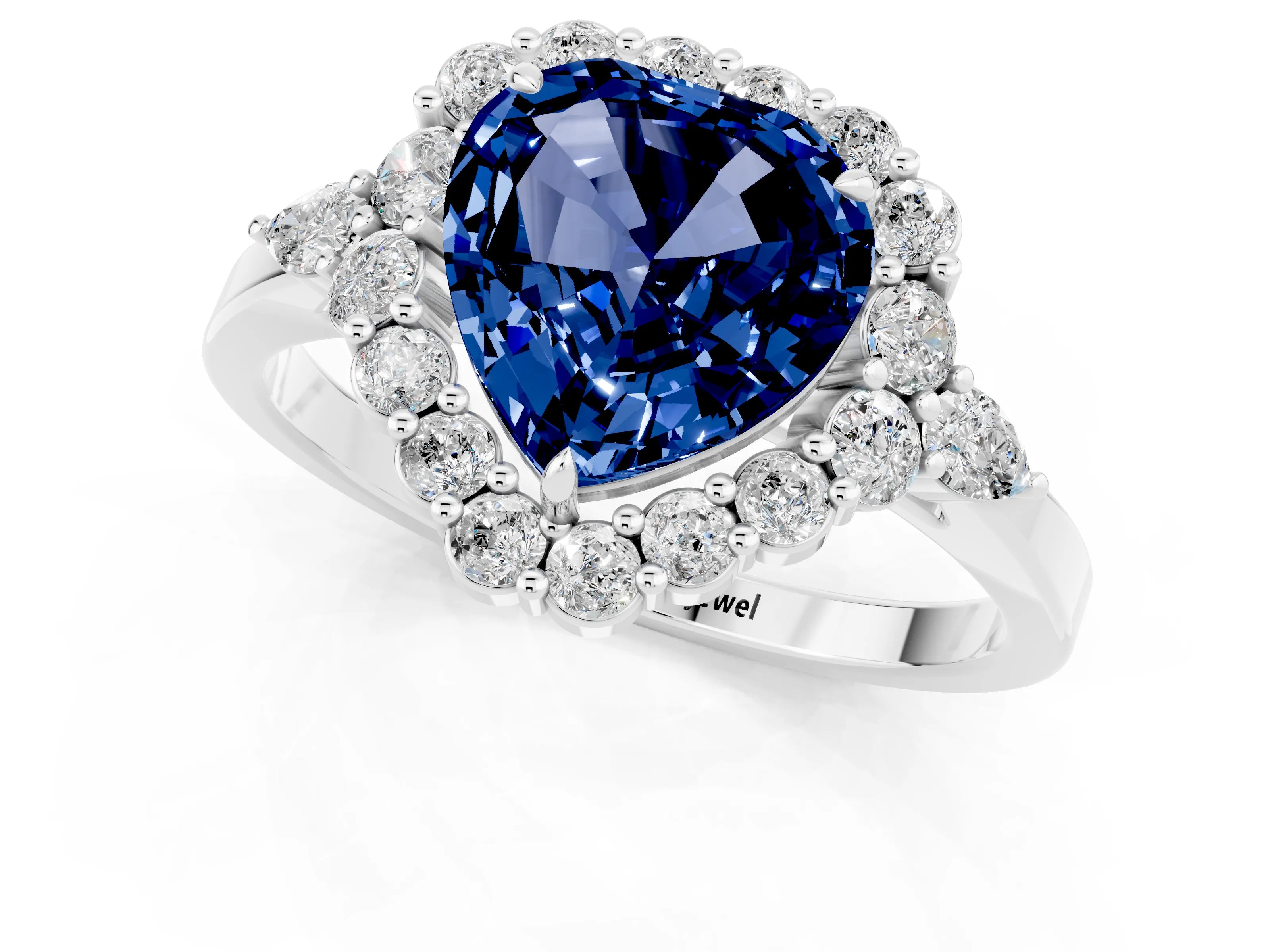 White gold Heart Cut Blue Sapphire Halo Ring with Pear Side Stones and Prong Setting_25