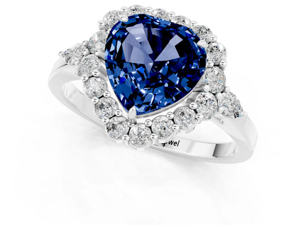 Silver Heart Cut Blue Sapphire Halo Ring with Pear Side Stones and Prong Setting