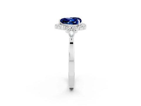 White gold Heart Cut Blue Sapphire Halo Ring with Pear Side Stones and Prong Setting_26