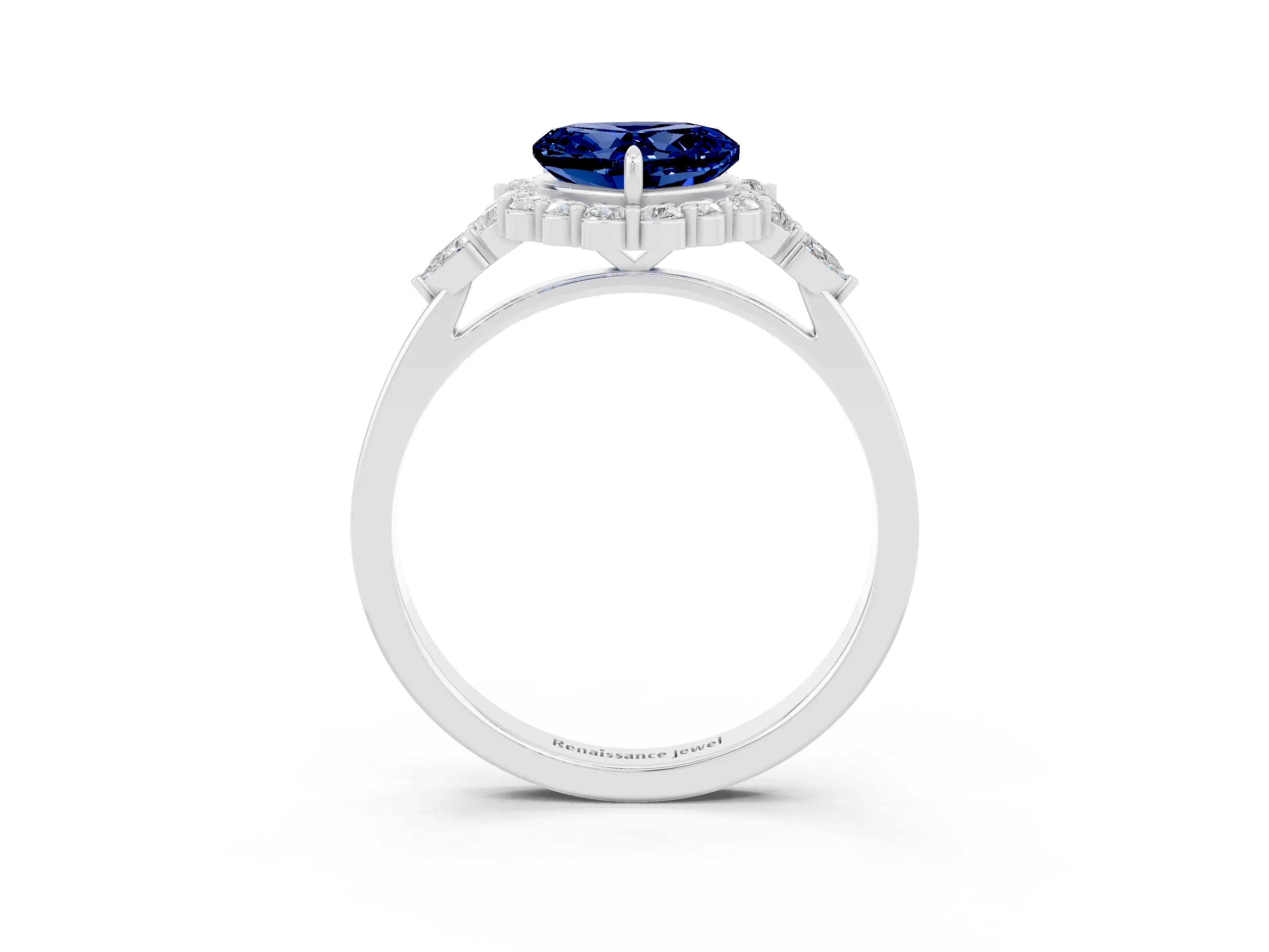 White gold Heart Cut Blue Sapphire Halo Ring with Pear Side Stones and Prong Setting_27