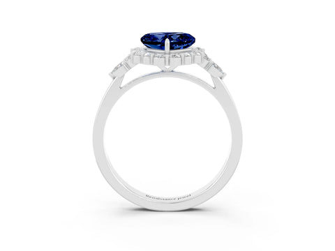 White gold Heart Cut Blue Sapphire Halo Ring with Pear Side Stones and Prong Setting_27