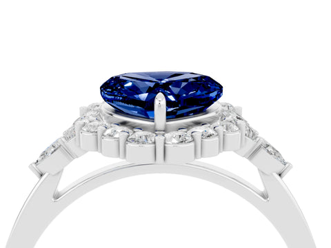 White gold Heart Cut Blue Sapphire Halo Ring with Pear Side Stones and Prong Setting_28