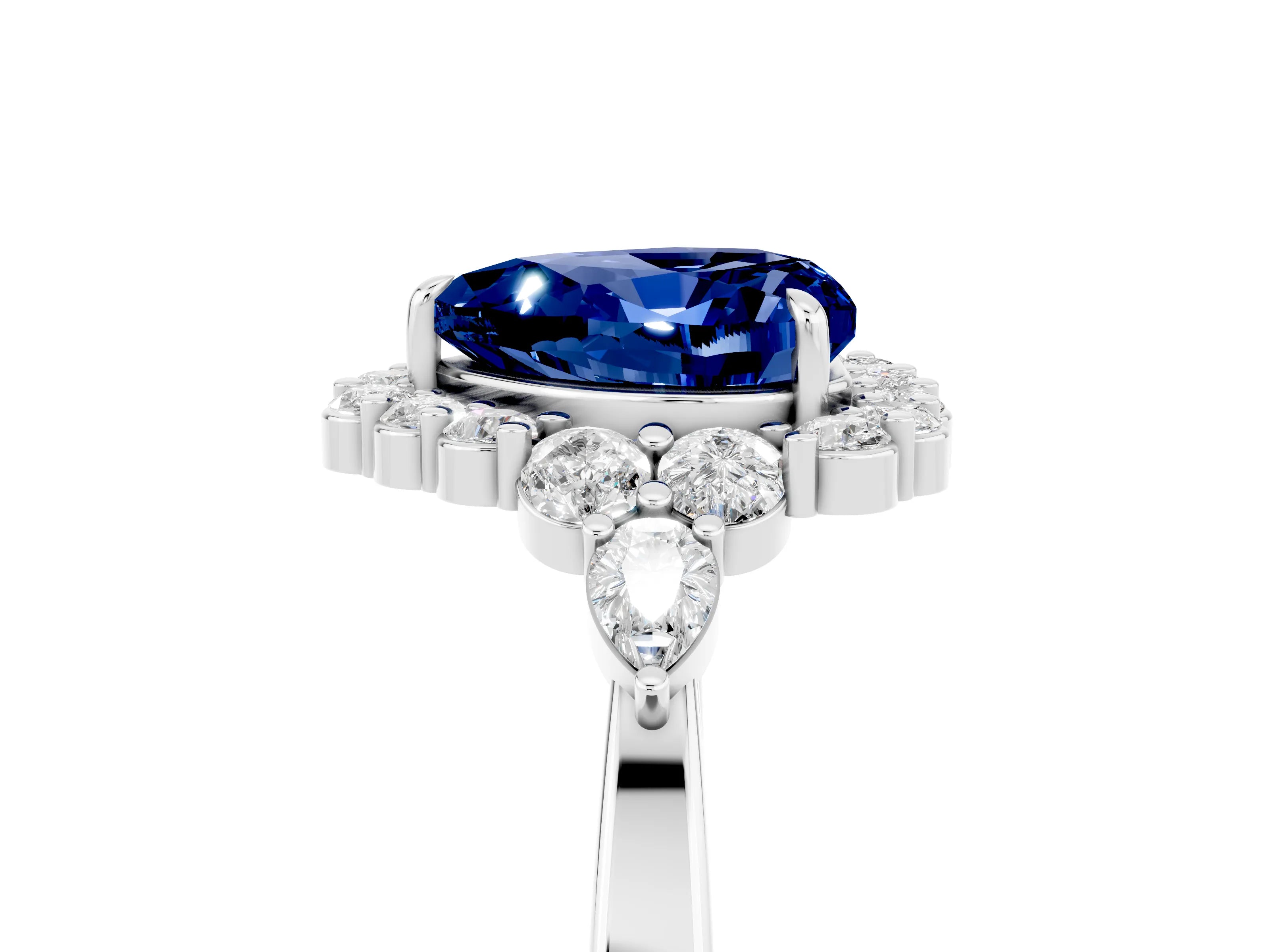 White gold Heart Cut Blue Sapphire Halo Ring with Pear Side Stones and Prong Setting_29