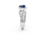 White gold Heart Cut Blue Sapphire Halo Ring with Round Split Shank and Prong Setting_63