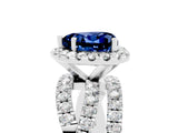 White gold Heart Cut Blue Sapphire Halo Ring with Round Split Shank and Prong Setting_65