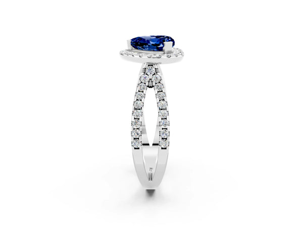 Silver Heart Cut Blue Sapphire Halo Ring with Split Shank Pavé Band and Prong Setting