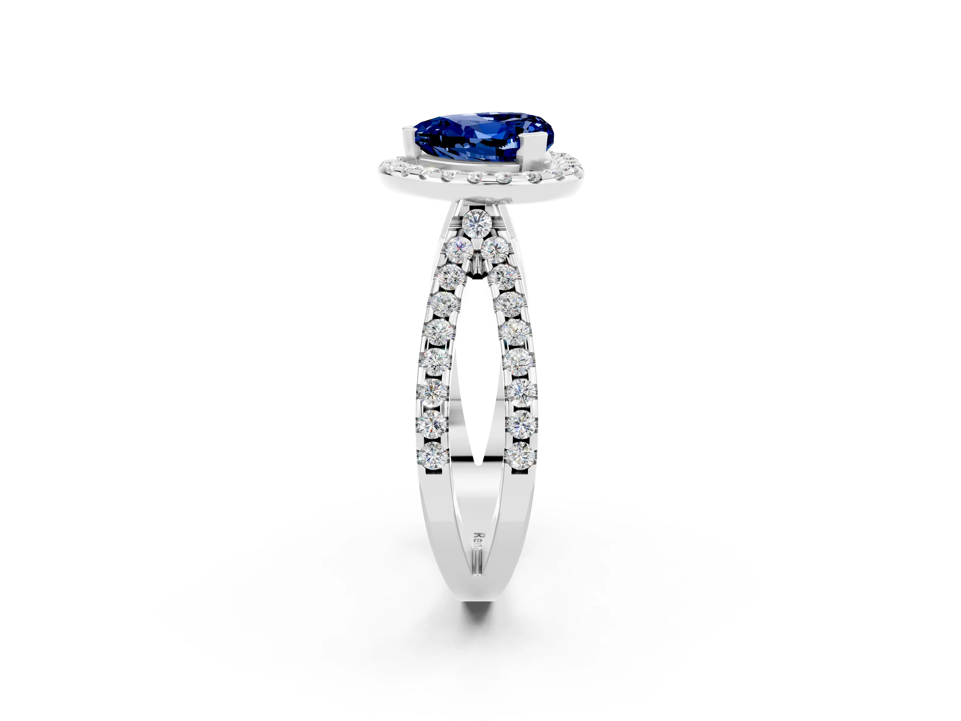 White gold Heart Cut Blue Sapphire Halo Ring with Split Shank Pavé Band and Prong Setting_2