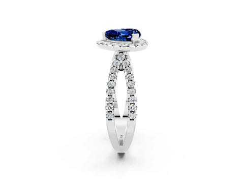 White gold Heart Cut Blue Sapphire Halo Ring with Split Shank Pavé Band and Prong Setting_2