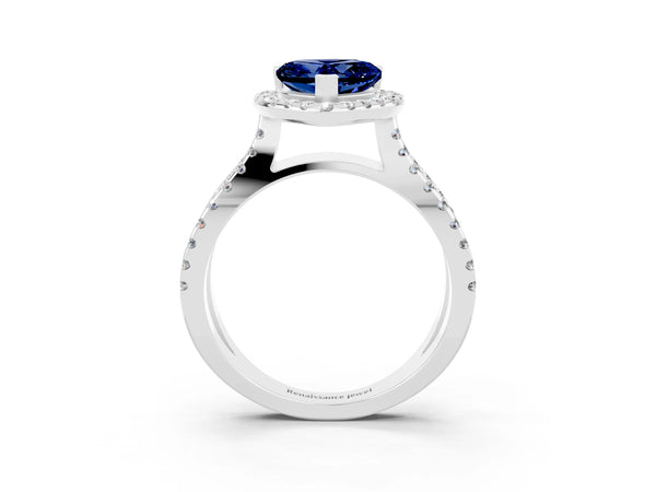 Platinum Heart Cut Blue Sapphire Halo Ring with Split Shank Pavé Band and Prong Setting