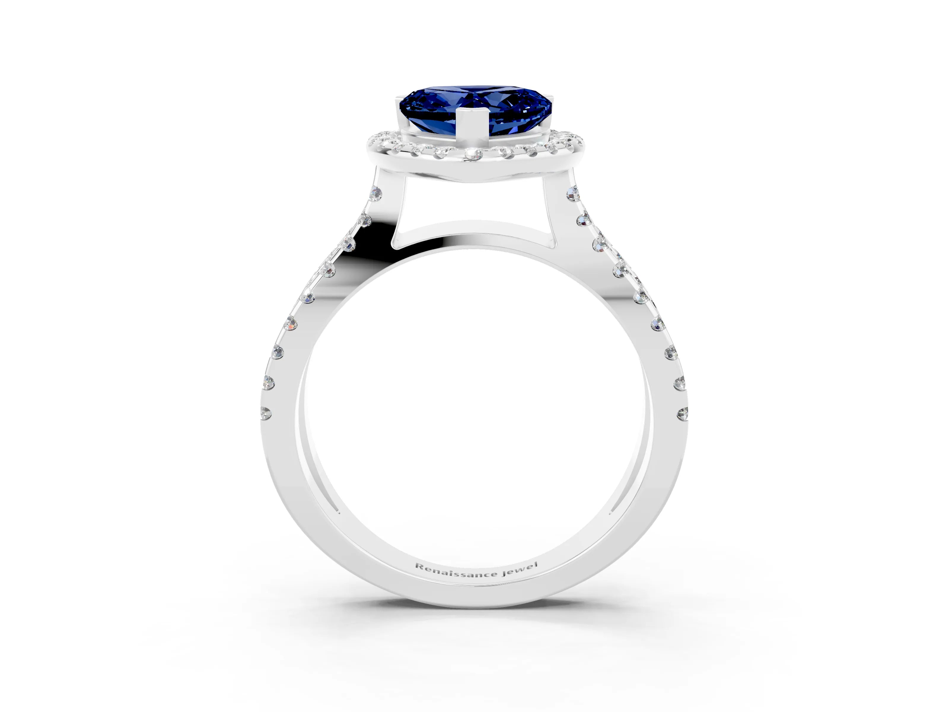 White gold Heart Cut Blue Sapphire Halo Ring with Split Shank Pavé Band and Prong Setting_3