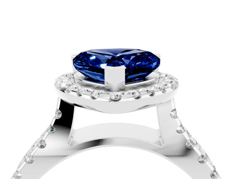 White gold Heart Cut Blue Sapphire Halo Ring with Split Shank Pavé Band and Prong Setting_4