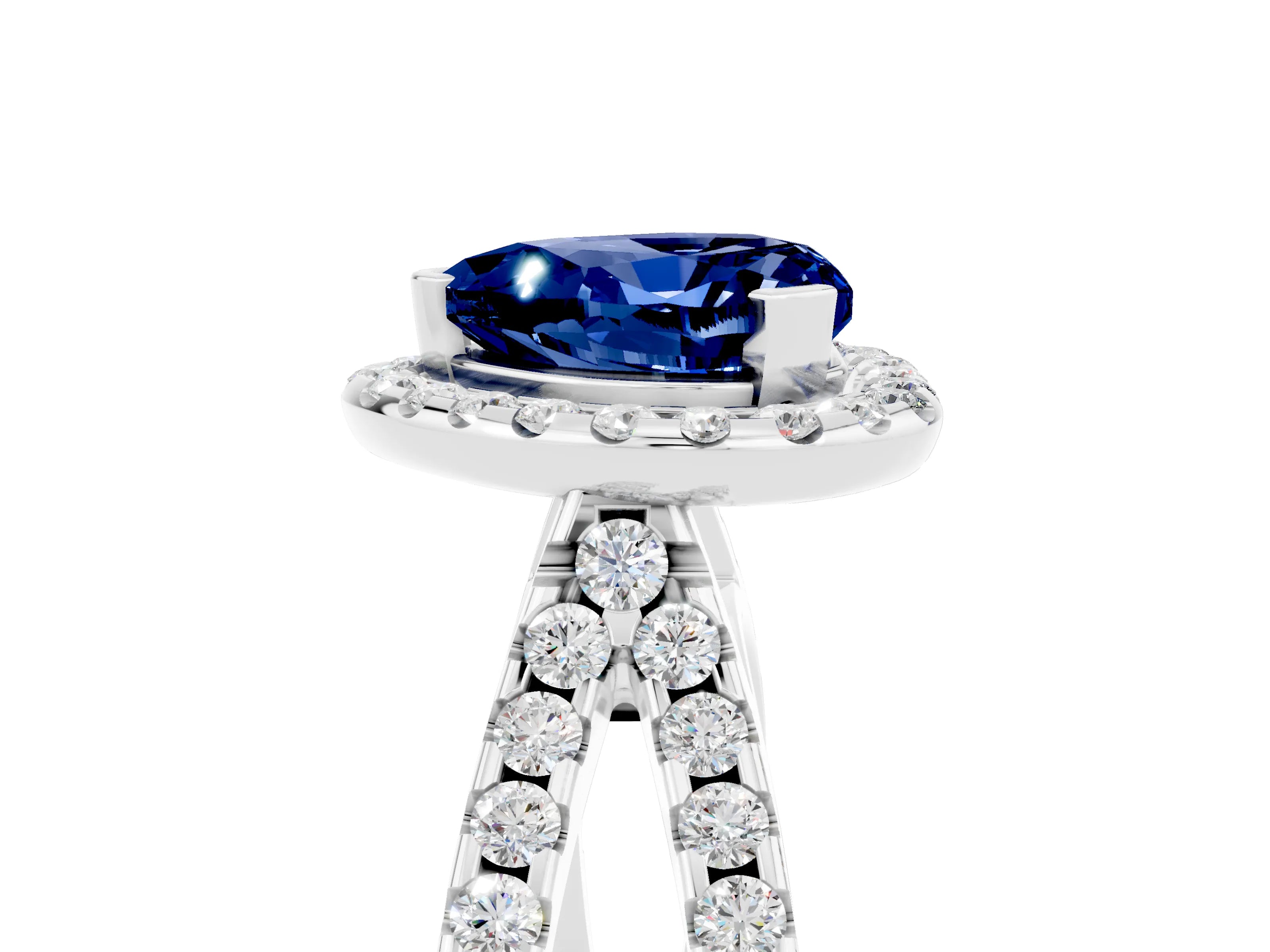 White gold Heart Cut Blue Sapphire Halo Ring with Split Shank Pavé Band and Prong Setting_5