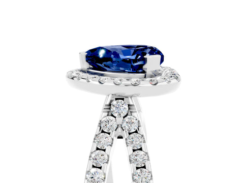 White gold Heart Cut Blue Sapphire Halo Ring with Split Shank Pavé Band and Prong Setting_5