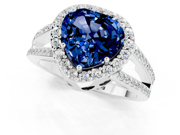 Platinum Heart Cut Blue Sapphire Halo Ring with Split Shank U-Prong Band and Four-Prong Setting