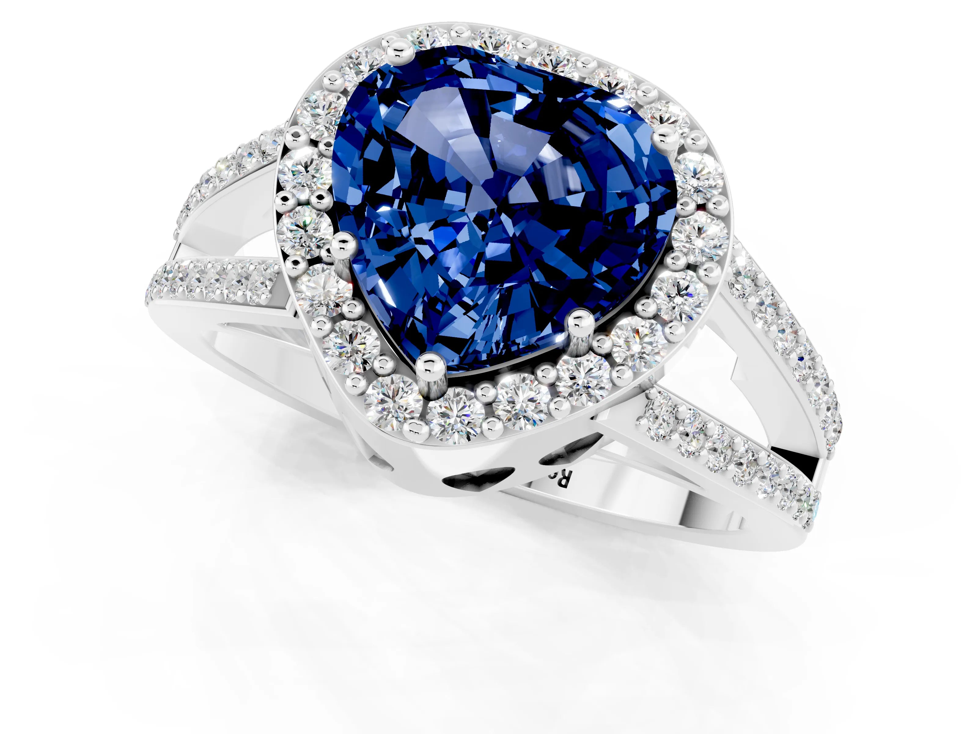 White gold Heart Cut Blue Sapphire Halo Ring with Split Shank U-Prong Band and Four-Prong Setting_1