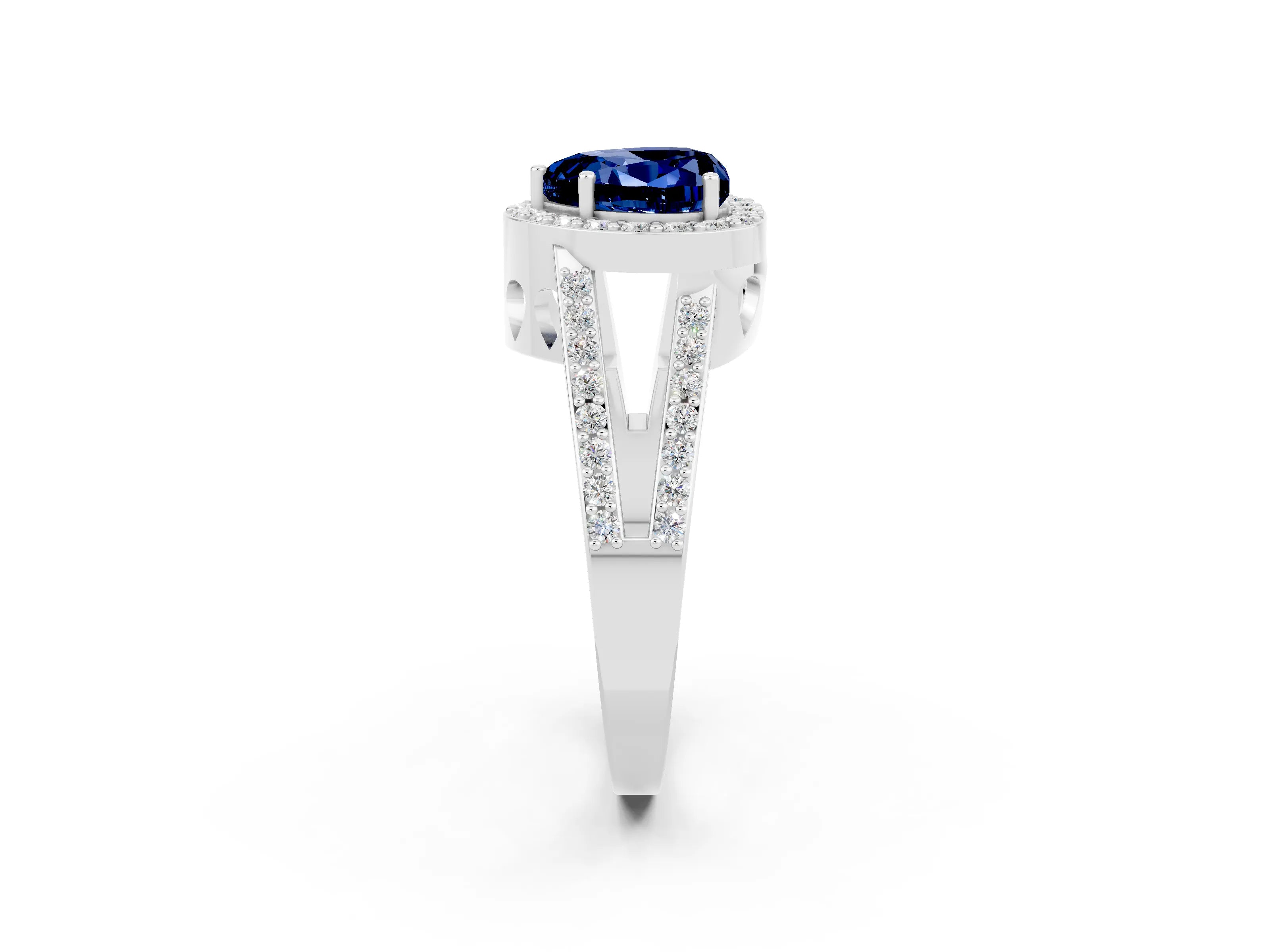 White gold Heart Cut Blue Sapphire Halo Ring with Split Shank U-Prong Band and Four-Prong Setting_2