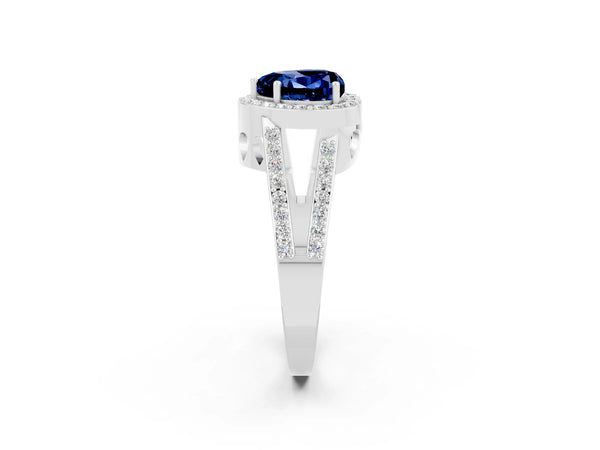 Silver Heart Cut Blue Sapphire Halo Ring with Split Shank U-Prong Band and Four-Prong Setting