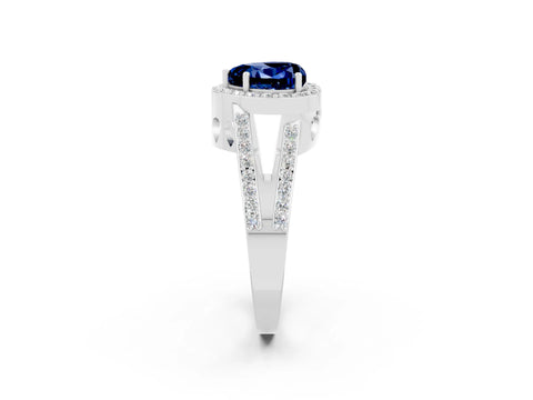 White gold Heart Cut Blue Sapphire Halo Ring with Split Shank U-Prong Band and Four-Prong Setting_2