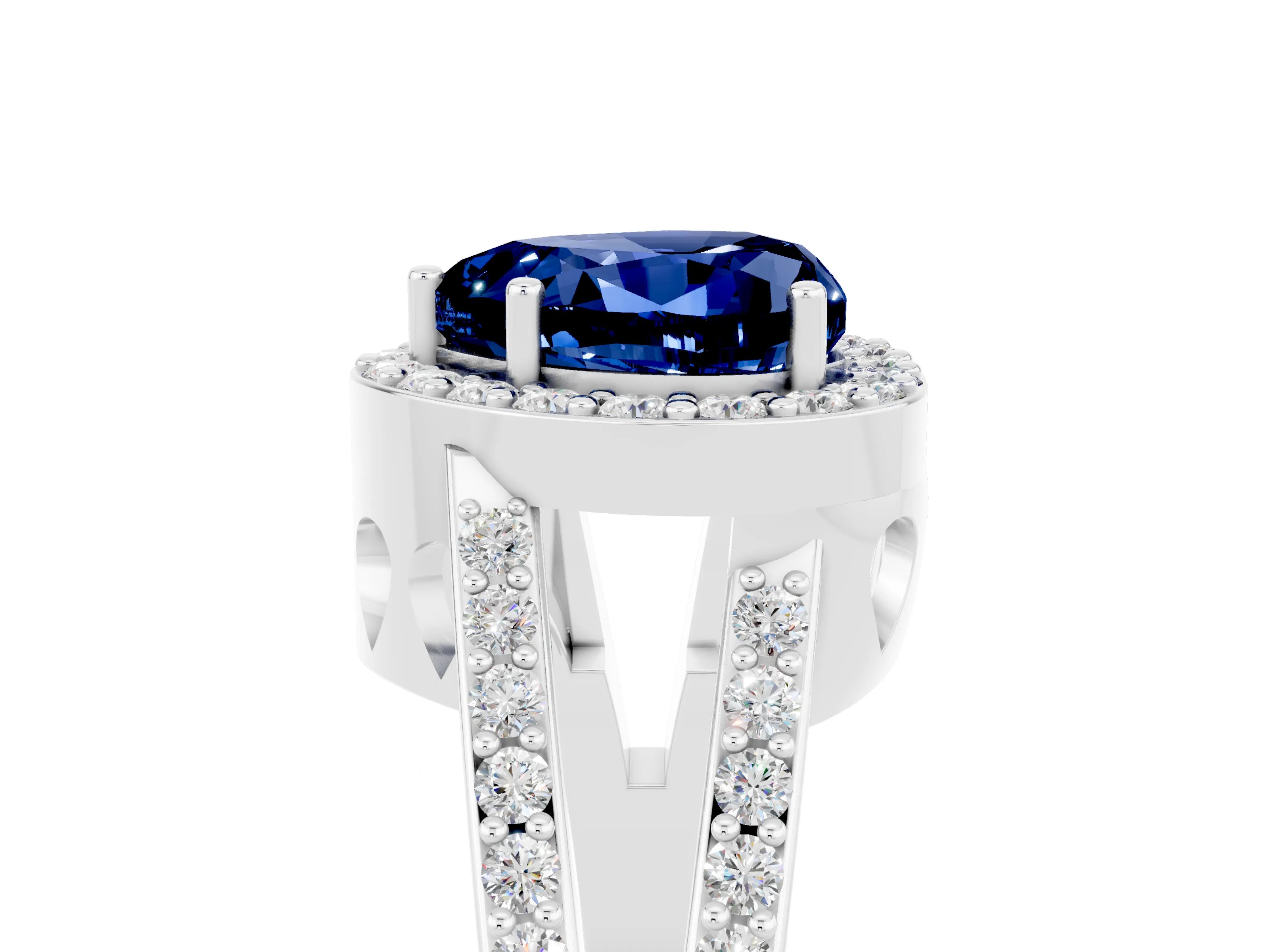 White gold Heart Cut Blue Sapphire Halo Ring with Split Shank U-Prong Band and Four-Prong Setting_5