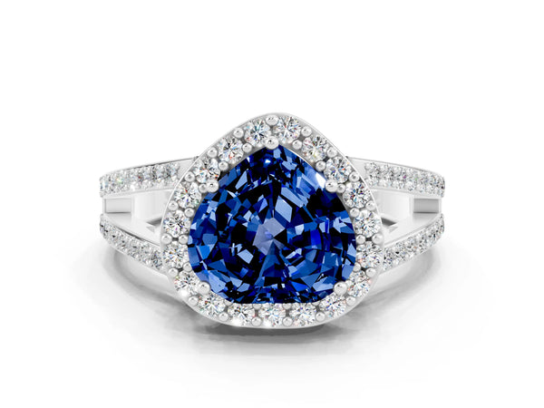Silver Heart Cut Blue Sapphire Halo Ring with Split Shank U-Prong Band and Four-Prong Setting
