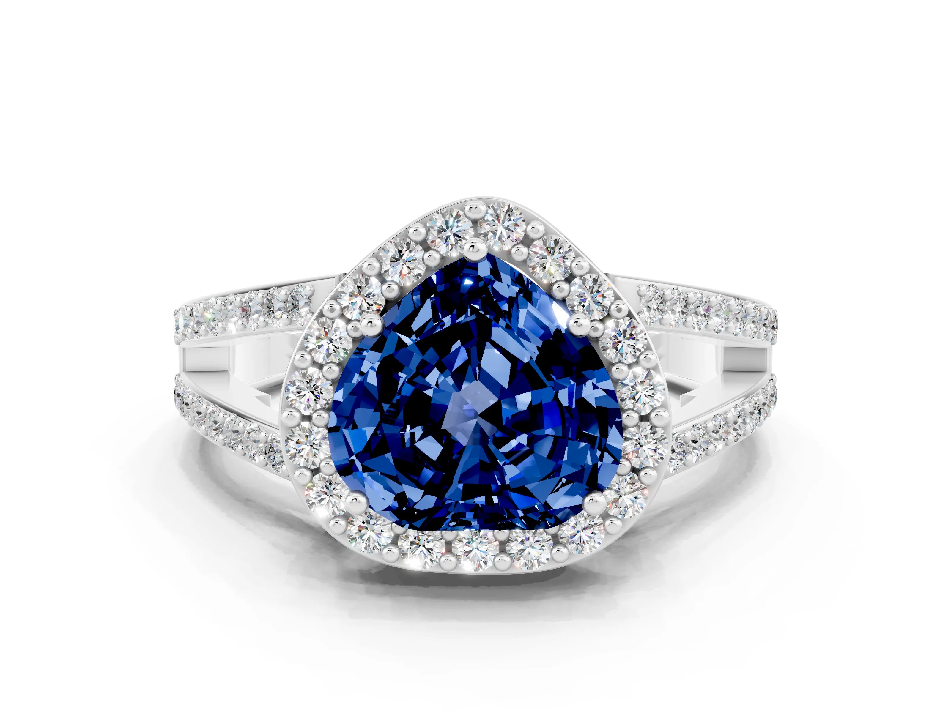 White gold Heart Cut Blue Sapphire Halo Ring with Split Shank U-Prong Band and Four-Prong Setting