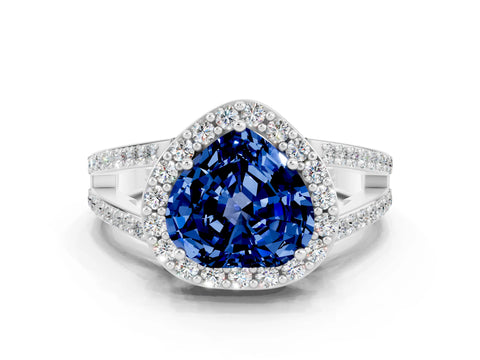 White gold Heart Cut Blue Sapphire Halo Ring with Split Shank U-Prong Band and Four-Prong Setting