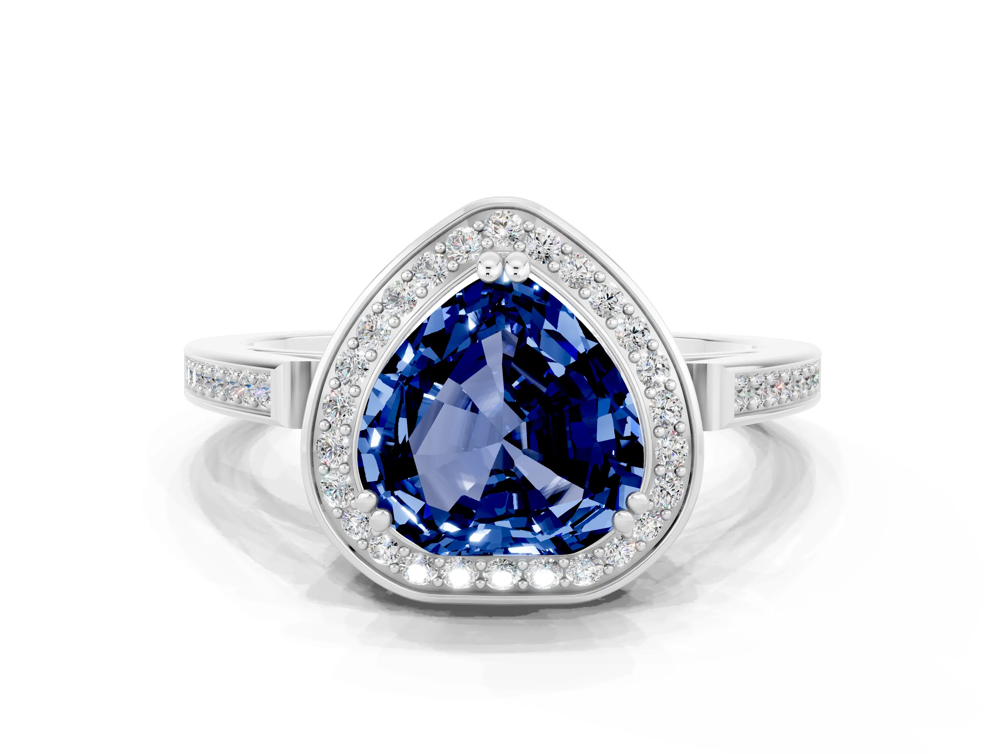 White gold Heart Cut Blue Sapphire Halo Ring with Split Shank and Four-Prong Setting_12